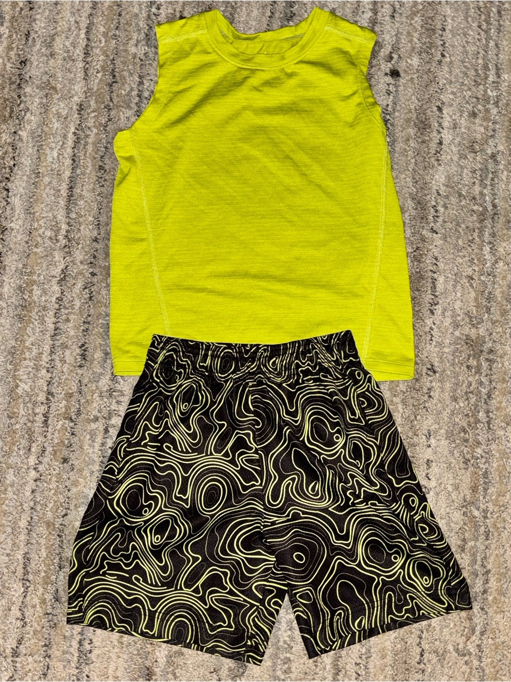 Neon Green Tank Top with Black Patterned Shorts
